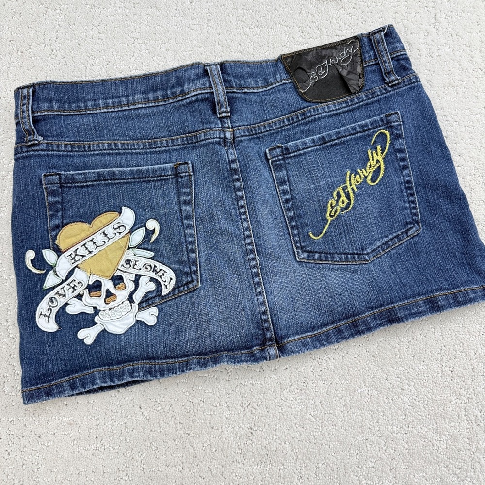 Ed Hardy Women's Micro Mini Denim Skirt Skull Embroidered Y2K Size 30 Love Kills